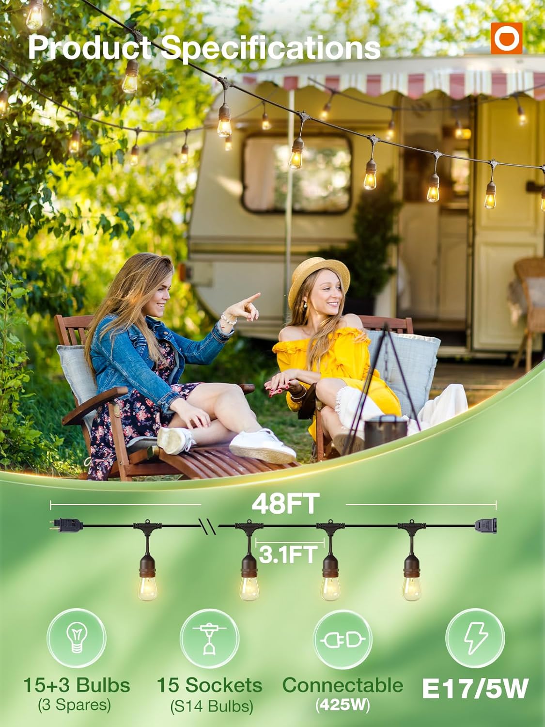 addlon 48 FT Outdoor String Lights Commercial Grade Weatherproof Strand, 18 Edison Vintage Bulbs, 15 Hanging Sockets (3 Spare Bulbs), ETL Listed Heavy-Duty Decorative Christmas Lights for Patio Garden