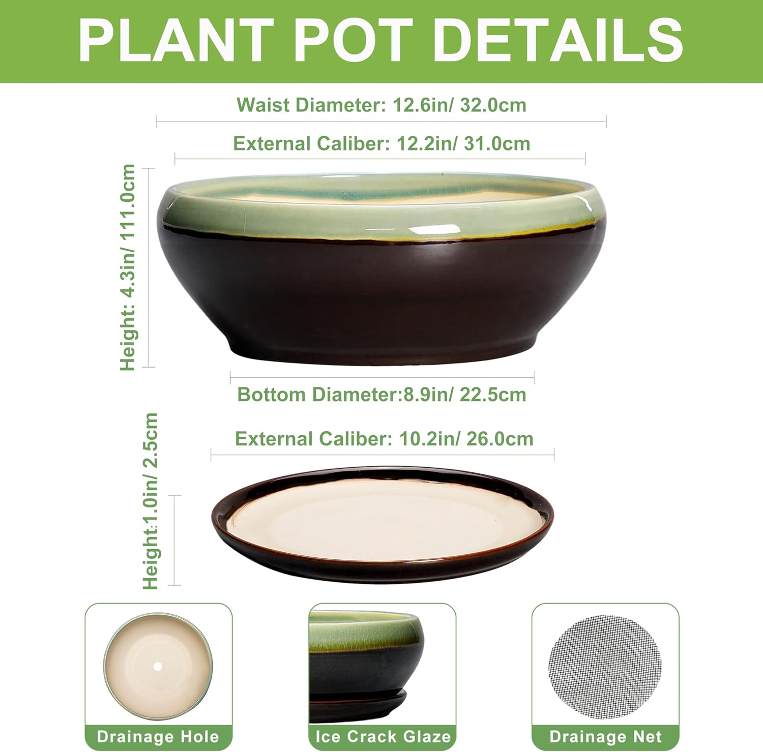 SQOWL Bonsai Pots 12 Inch - Large Ceramic Pots for Succulents with Drainage Hole and Saucer, Shallow Planter for Indoor Plants Outdoor, Round Planter Bowl, Office Decor, Gifts for Women, Green-Brown