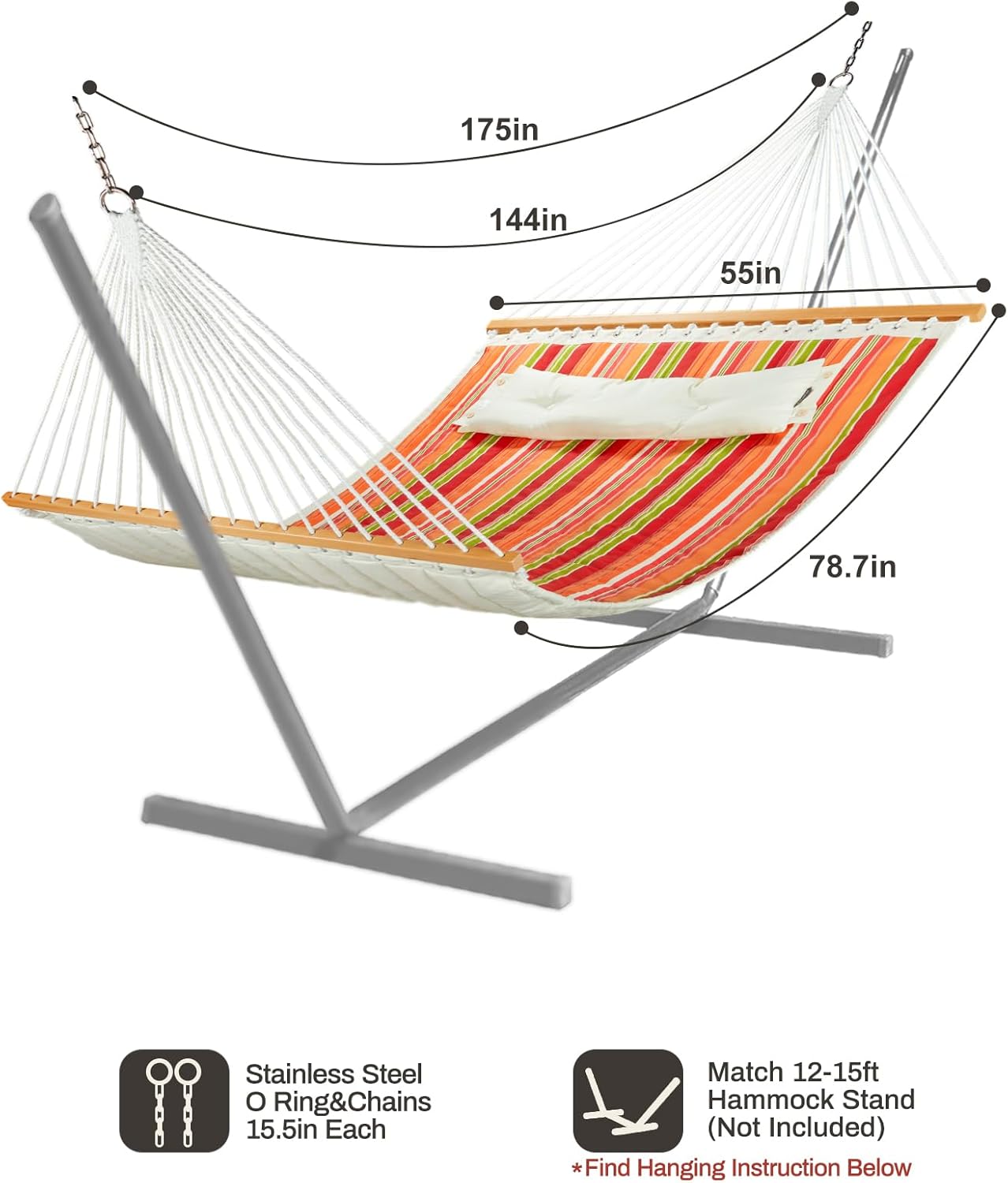 12 FT Double Quilted Fabric Hammock with Spreader Bars and Pillow 450 LBS Weight Capacity 2 Person Hammock for Outdoor Patio Backyard Poolside