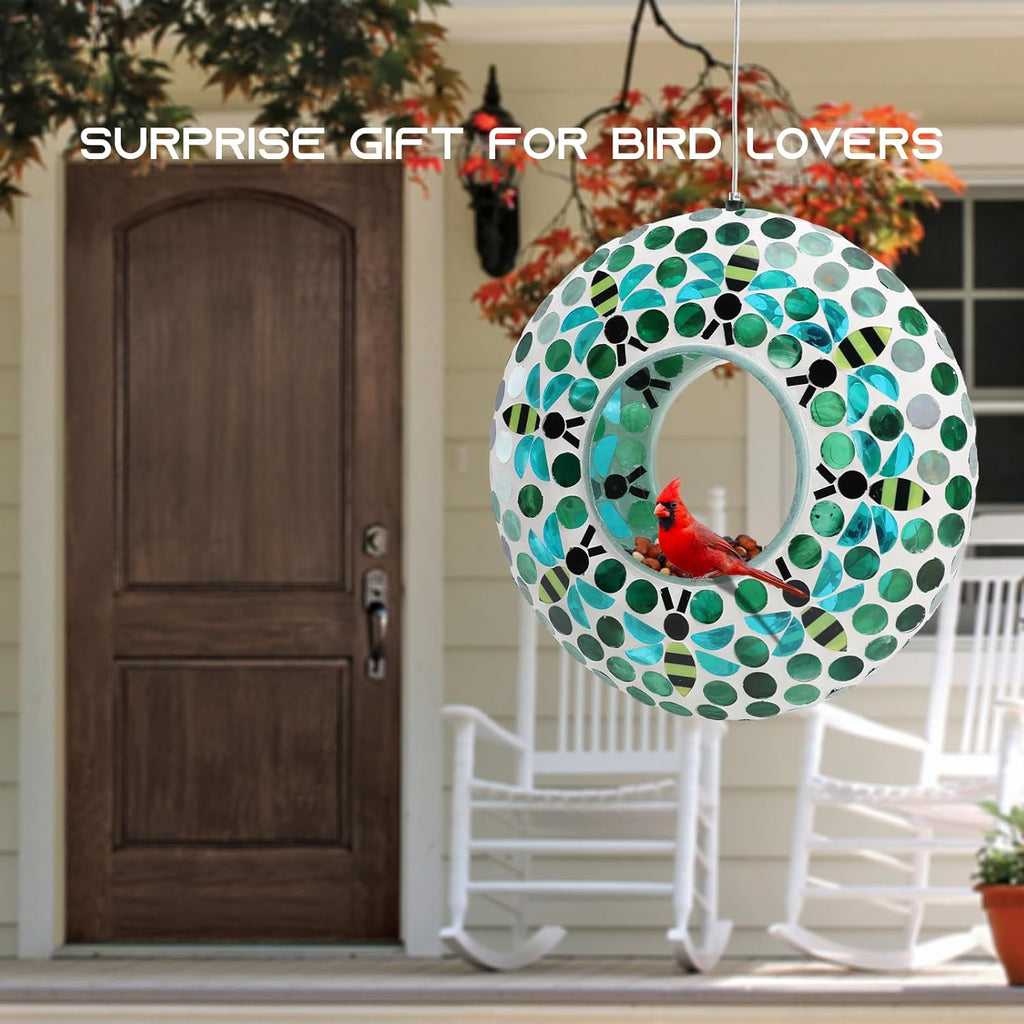 Yinns Bird Feeder - Fly Through Hanging Glass Large Bird Feeders for Outdoors Circle Wild Bird Mosaic Feeders Seed Container 9 inch