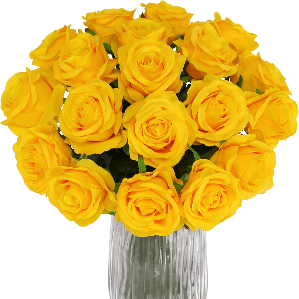 Yellow Fake Roses Artificial Flowers - 10 Pcs Fake Artificial Roses Silk Flowers with Stems for Home Wedding Hotel Office Centerpiece Decor