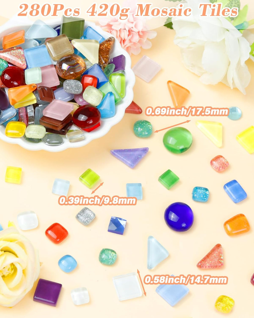 FIVEIZERO 420g Mosaic Tiles for Crafts - 280Pcs Glass Mosaic Kits, Mixed Shapes Mosaic Glass Pieces for Art, Irregular Tiny Mosaic Tile for DIY Projects, Home Decoration(Red)