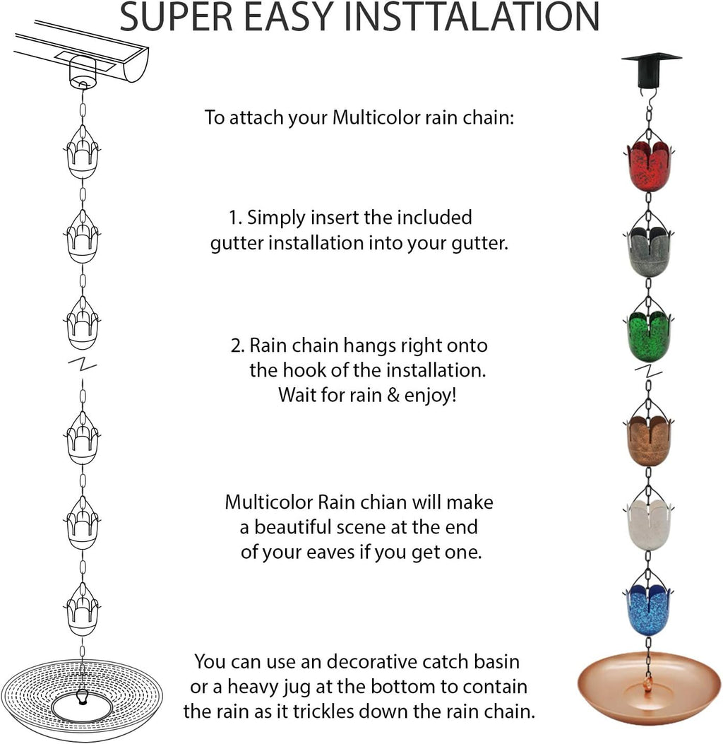 8.5FT Multicolor Rain Chains for Gutter and Rain Barrel, Rust-Resistant Plated Iron Rain Chain, Decorative and Functional Replacement for Downspouts or Gutters, W/Gutter Adapter (2 x 6color Cups)