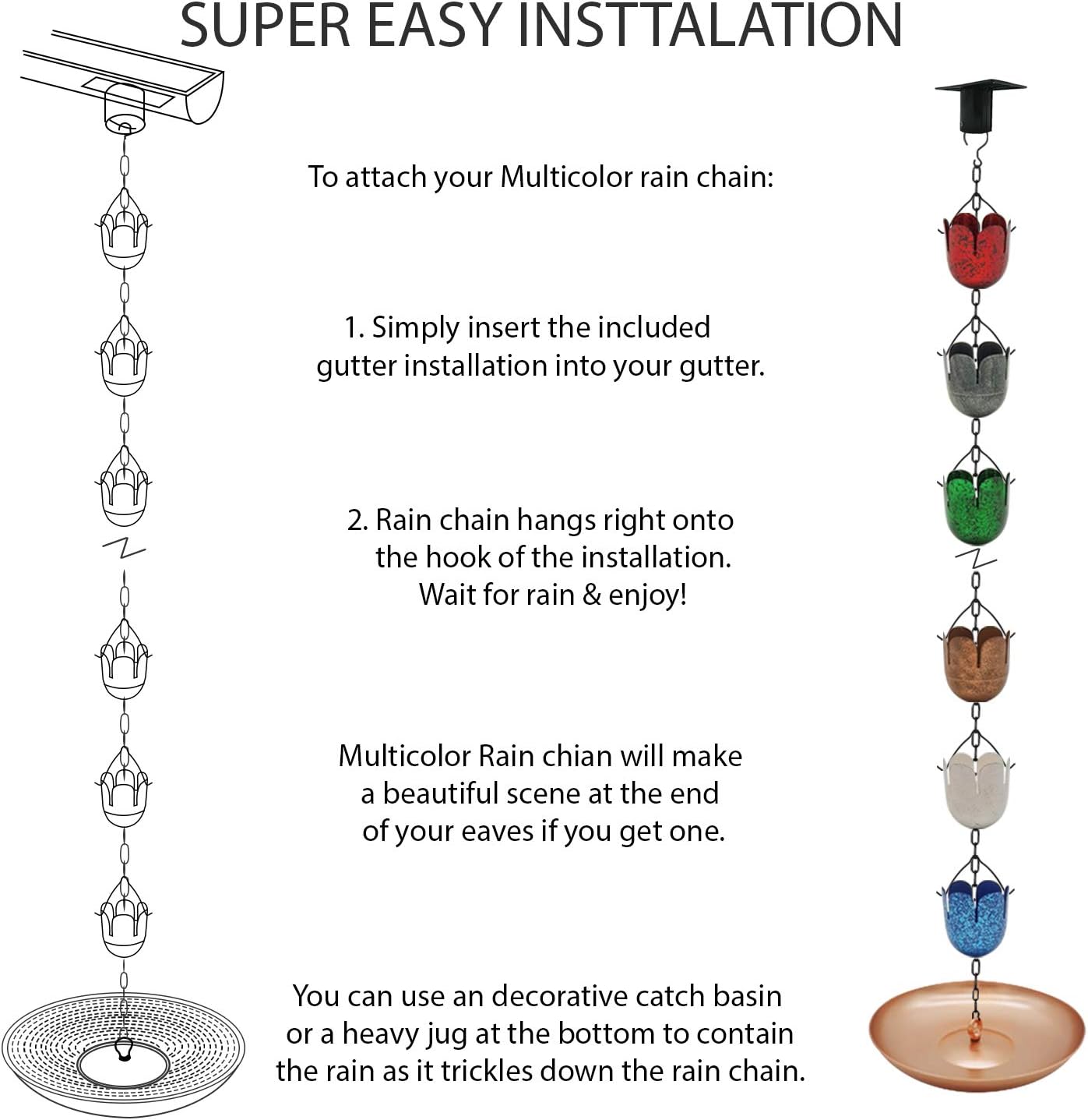 8.5FT Multicolor Rain Chains for Gutter and Rain Barrel, Rust-Resistant Plated Iron Rain Chain, Decorative and Functional Replacement for Downspouts or Gutters, W/Gutter Adapter (2 x 6color Cups)