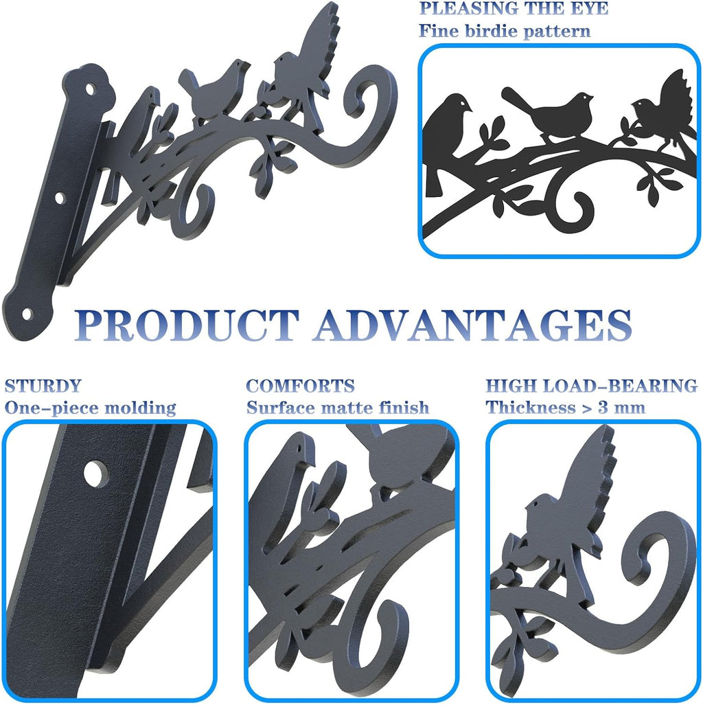 Metal Hanging Plant Bracket with Birdie Pattern 2 Pack – Heavy Duty Plant Hooks for Hanging Flower Baskets，Plants, Bird Feeder, Wind Chime - Indoor/Outdoor Use，Black Matte Texture (9 in)