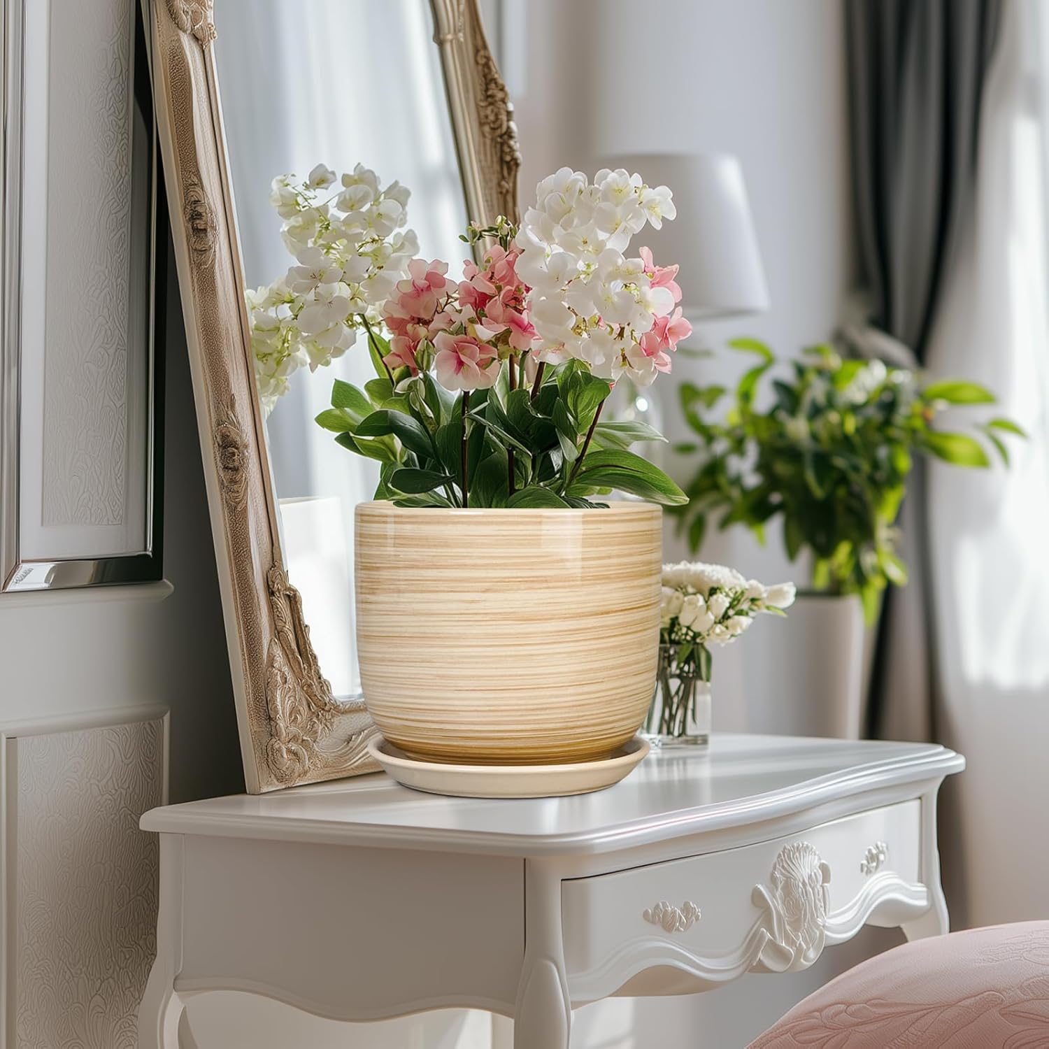 Indoor Plant Pot 8 Inch - Cylinder Modern Ceramic Planter for Indoor Outdoor Plants with Drainage Hole and Saucer, House Office Home Room Desk Decor, Yellow