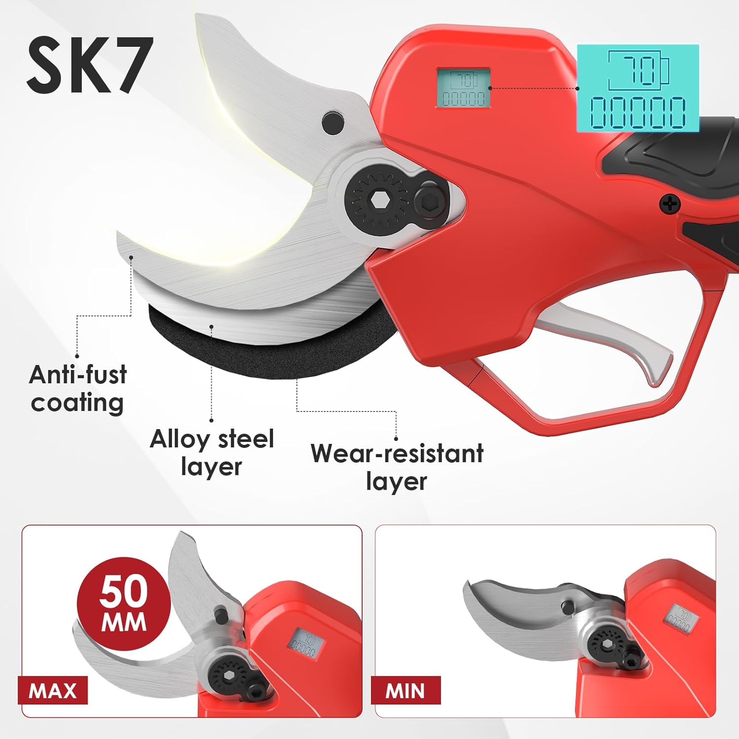 Electric Pruning Shears with Telescopic Rod, 50mm 1.96" Cutting Diameter Cordless Pruner with 2 Rechargeable Batteries, Tree Branch Cutter with SK7 Blade for Gardening Pruning