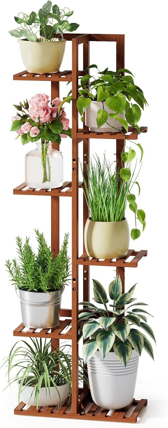 ROSSNY 48 Inch Tall Plant Stand Indoor, 6 Tier 7 Potted Bamboo Plant Stands for Indoor Plants, Corner Plant Stand, Tiered Plant Stands, Plant Shelf For Indoor, Planter Holder for Multiple Plants Indoor, Brown