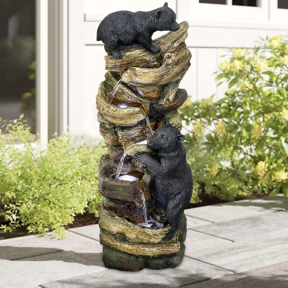 39.3 Inch 5 Tier Outdoor Garden Water Fountain Bears Climbing Tree Resin Fountain with LED Lights for Garden Patio Folding Patio Deck (Brown)