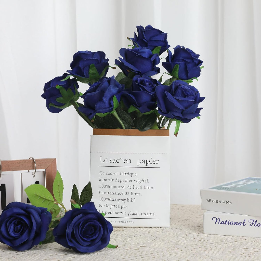 Blue Fake Roses Artificial Flowers - 16 Pcs Fake Artificial Roses Silk Flowers with Stems for Home Wedding Hotel Office Centerpiece Decor（Navy Blue）