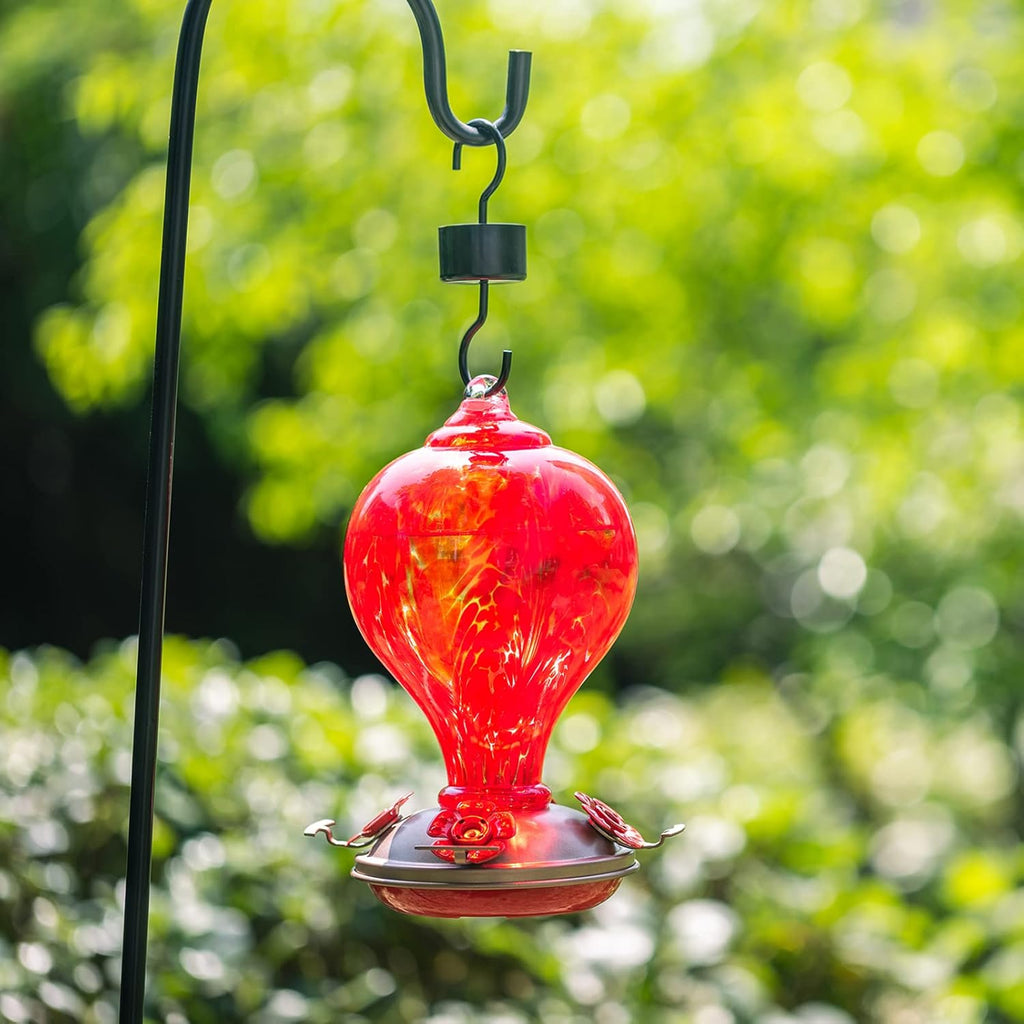 Hummingbird Feeders 32OZ Glass Hummingbird Feeder, 4 Perch Ant Moat Leakproof, Garden Decor (Red Lily)