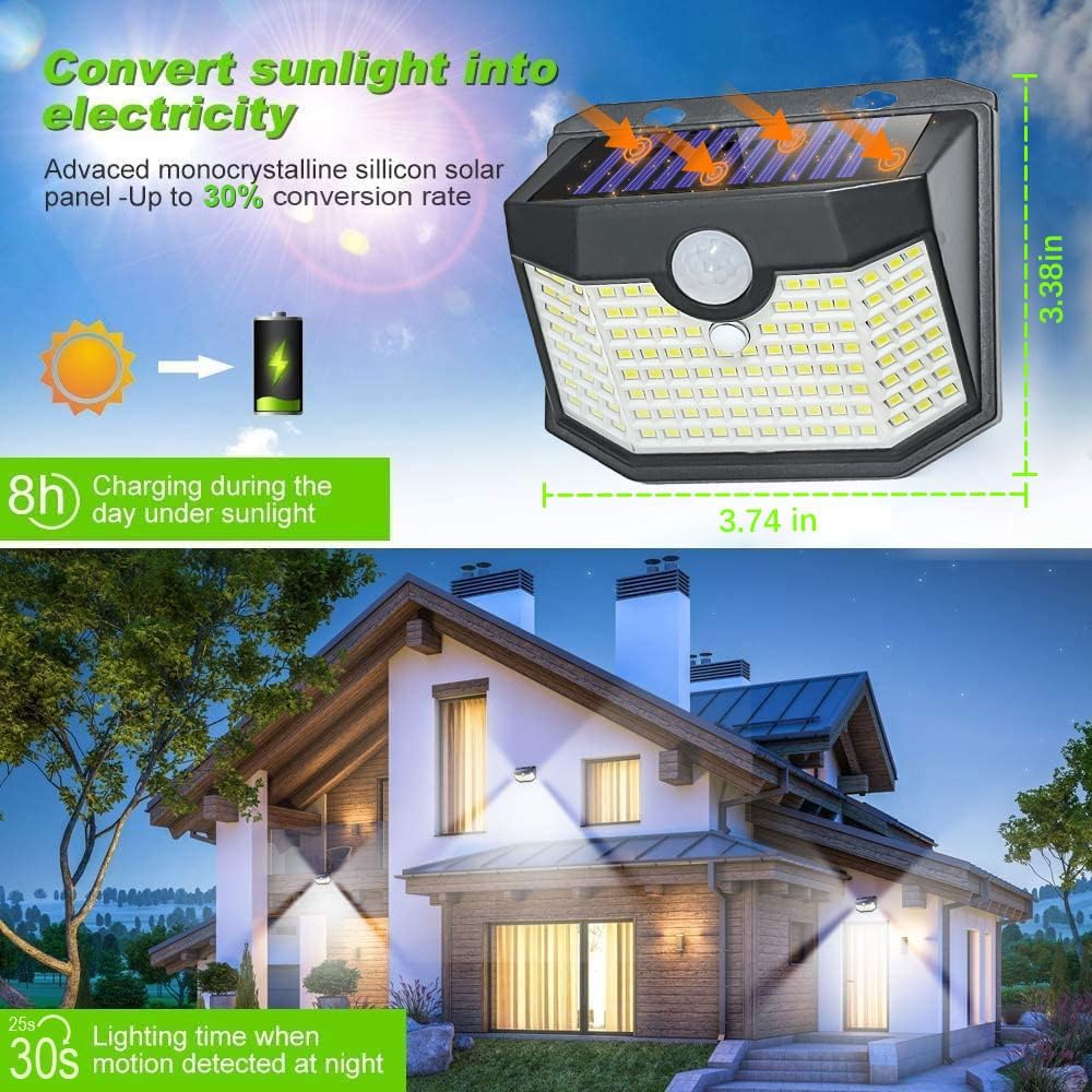 HMCITY 120 LED Outdoor Solar Lights with Motion Sensor and 3 Lighting Modes, IP65 Waterproof Wide Solar Wall Lights Ideal for Garden Patio Yard (Front Button 2Packs, Daylight White)