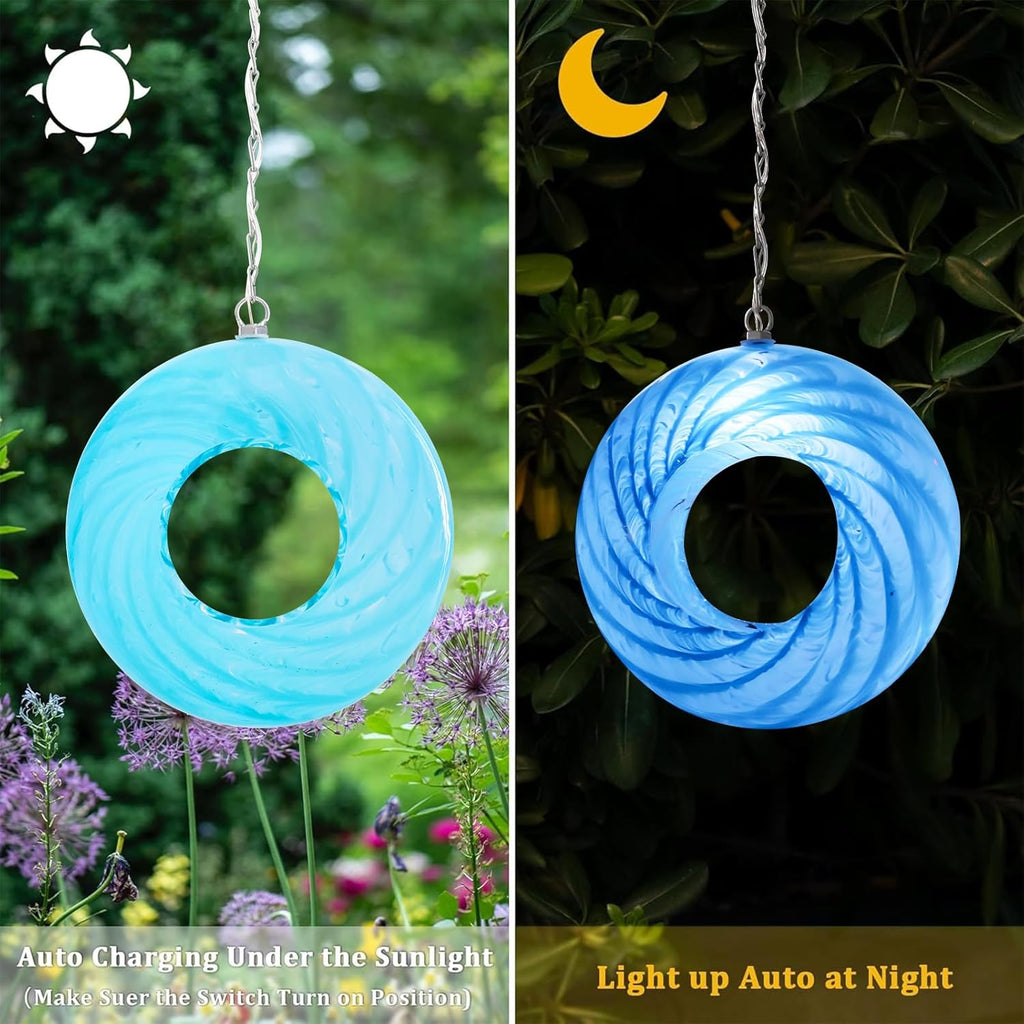 Bird Feeder Fly Through Bird Feeders for Outside Hanging with Round Shape Glass Container Solar Wild Birds Feeder for Garden Decor, 8-Inch (Cyan)