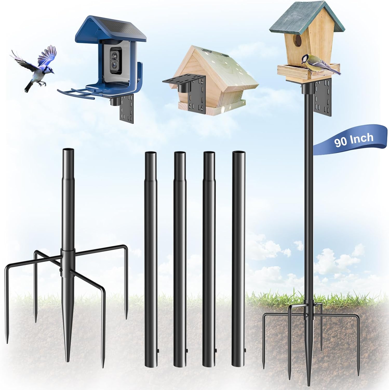 Bird Feeder Pole Stand – 90 Inch Height Feeding Station with 1-Inch Dia Heavy Duty for Hanging Feeders, Bird House Pole Mount Kit for Outdoor, Slip-Fit Connection