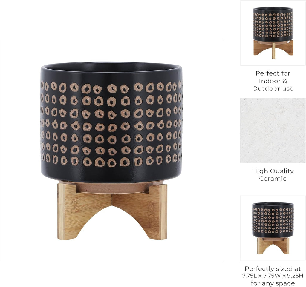 Ceramic Planter with Wooden Stand – Modern Home Decor Stoneware Plant Pot with Elevated Base – Decorative Indoor & Outdoor Planter with Legs for Living Room, Bedroom, Patio, or Garden – 9", Brown