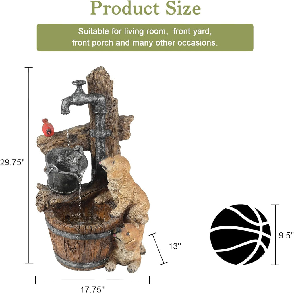 LuxenHome Water Fountain Outdoor, 30" Rustic Outdoor Water Fountain with LED Lights, Rustic Barrel Puppy and Pump Water Feature Outdoor, Garden Fountains Outdoor Patio, Porch, or Indoor Entryway