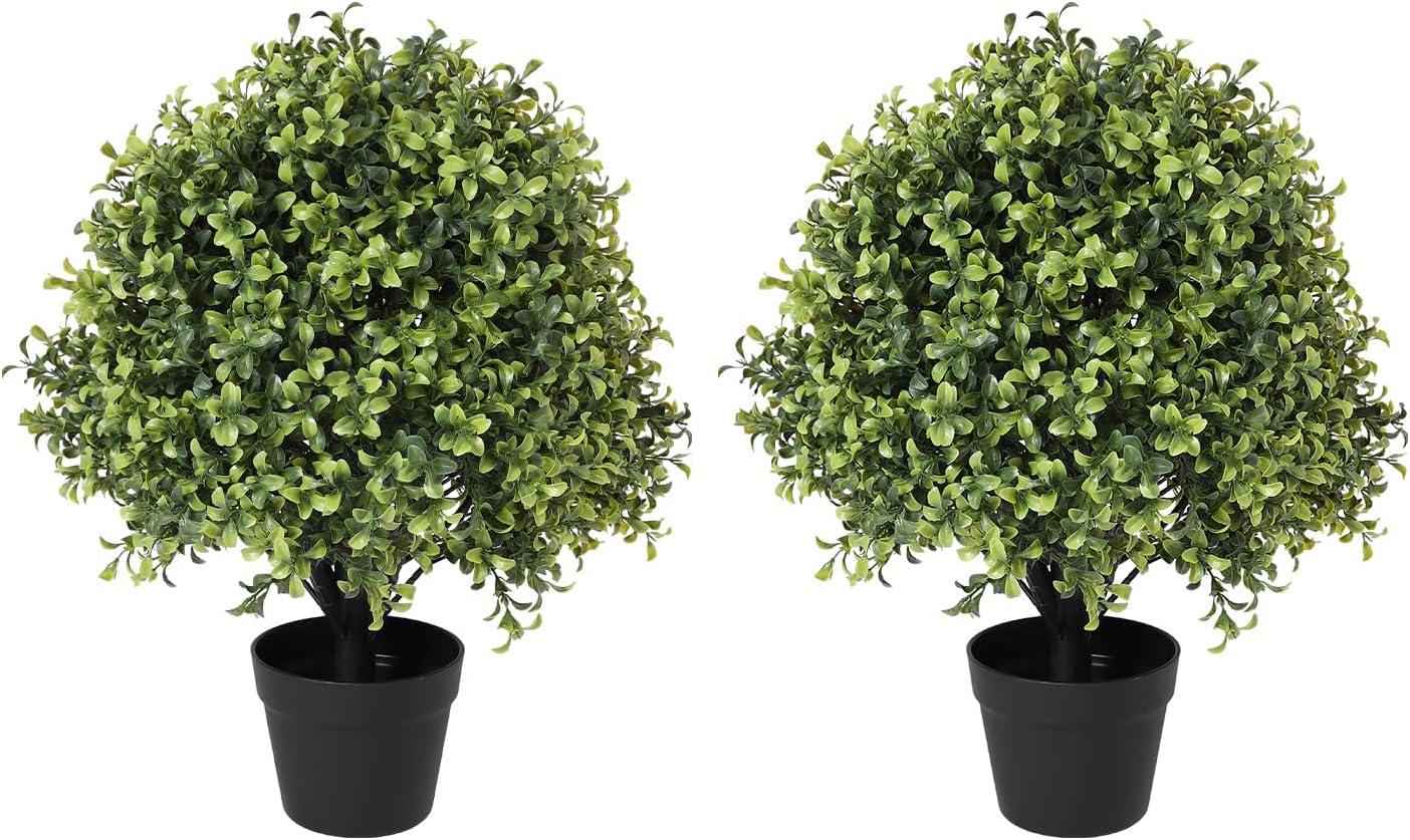 THE BLOOM TIMES 2ft Faux Boxwood Plants Outdoor Set of 2, Topiary Balls Artificial Outside Trees, 24" UV Resistant Fake Greenery Bushes & Shrubs for Front Porch Planter