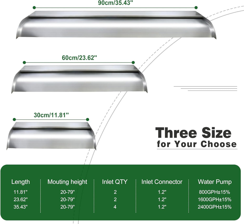 Waterfall Spillway, Stainless Steel Pool Fountain w/Top Open Lip & Pipe Connector Kits for Outdoor/Indoor Decorative, 11.8'' Pool Water Feature for Garden Patio, Backyard Koi Pond Decor