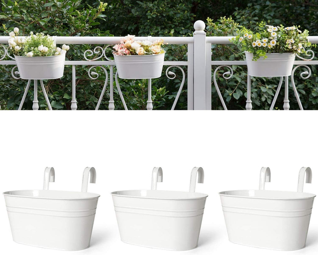 Dahey 3 Pcs Metal Iron Hanging Flower Pots for Railing Fence Hanging Bucket Pots Countryside Style Window Flower Plant Holder with Detachable Hooks Home Decor,White