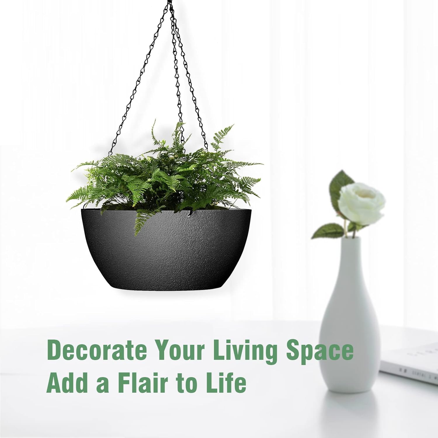 10 inch Hanging Planters for Outdoor Indoor Plants with Drainage Holes and Chain, 2 Pack Round Hanging Flower Pots for Garden Home Porch Decor, Black