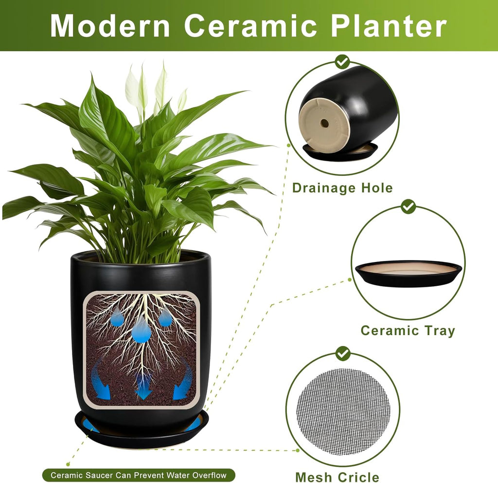 Ceramic Planter 10 Inch - Ceramic Pot for Indoor Plants Outdoor Plant Pot with Drainage Hole and Saucer Cylinder Flower Pot Black