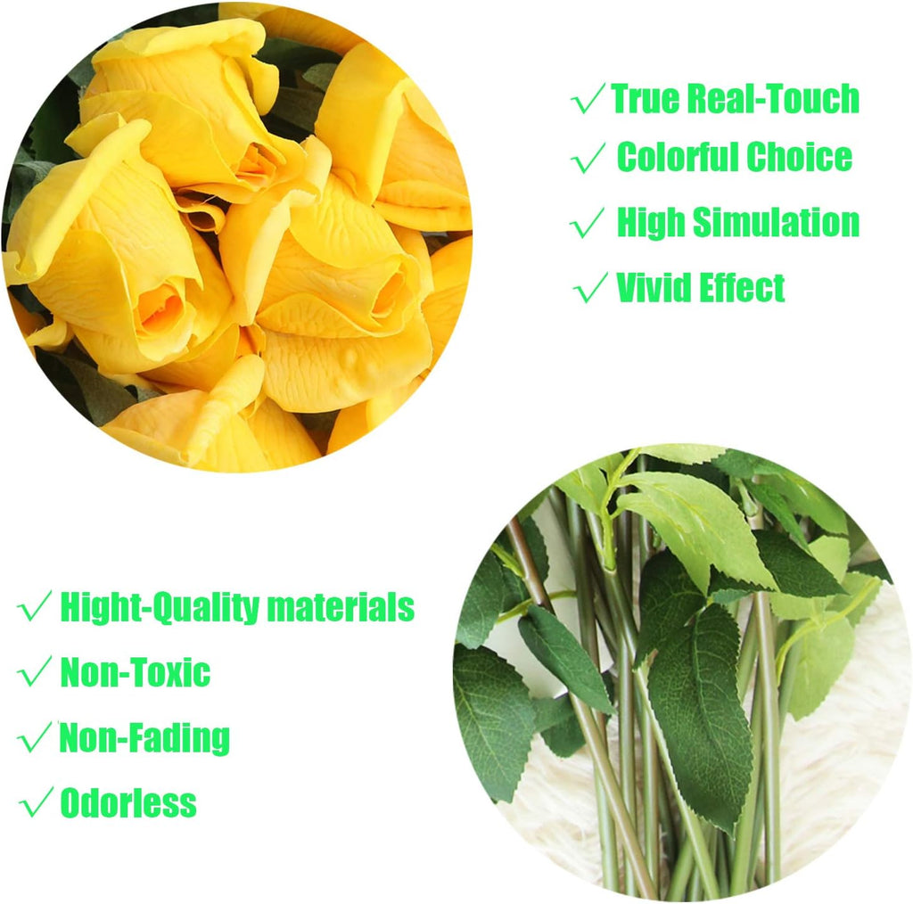 12pcs Real Look Artificial Rose Buds, 22 Inch Real Touch Silk Rosebud, Realistic Design Artificial Flower with Real Feel Petals,Silk Flower Bud for Wedding Home Décor,Yellow