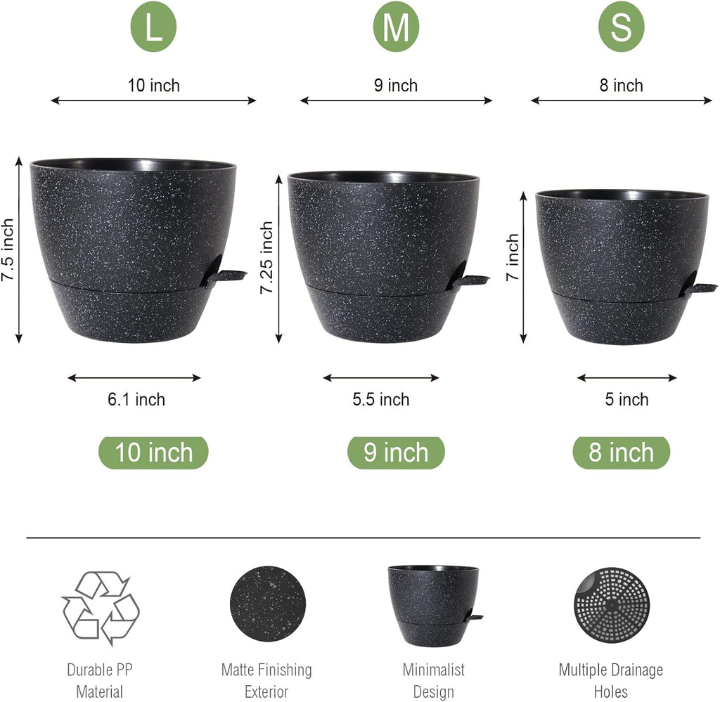 10/9/8 inch Self Watering Pots, Set of 3 Plastic Planters with Mesh Drainage Holes and Deep Reservoir for Indoor Outdoor Garden Plants and Flowers, Black Speckles