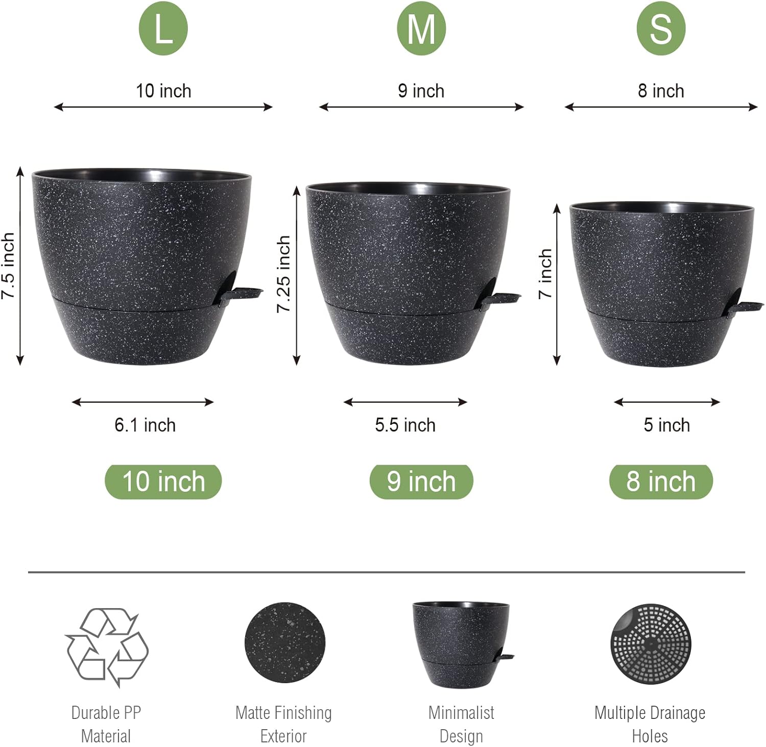 10/9/8 inch Self Watering Pots, Set of 3 Plastic Planters with Mesh Drainage Holes and Deep Reservoir for Indoor Outdoor Garden Plants and Flowers, Black Speckles