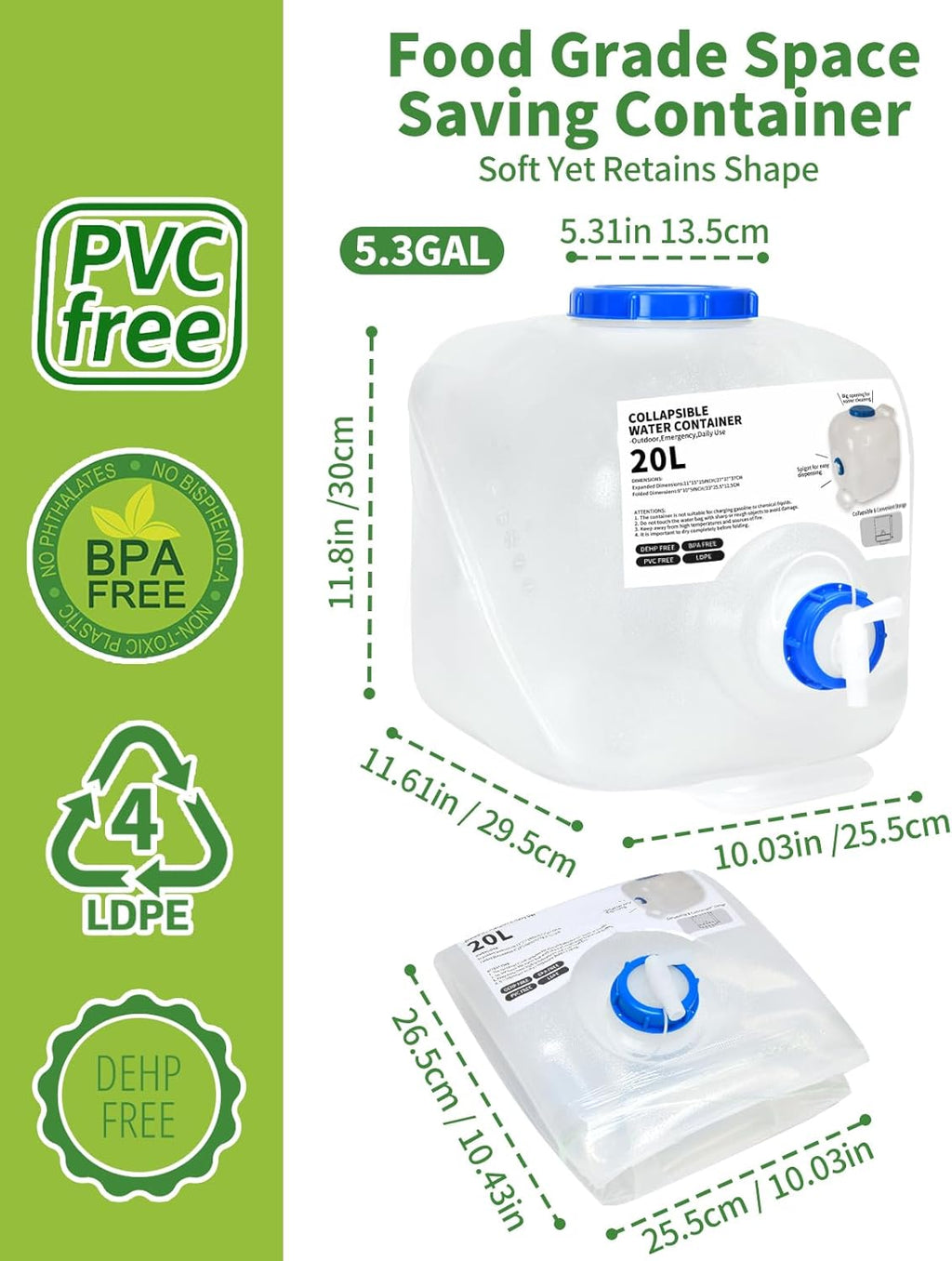 2 Pack 5.3 Gallon Collapsible Water Container Camping Water Container with Spigot,Portable Collapsible Water Jug Water Storage Containers for Outdoors Traveling Emergency,1 Extra Spigot Provided