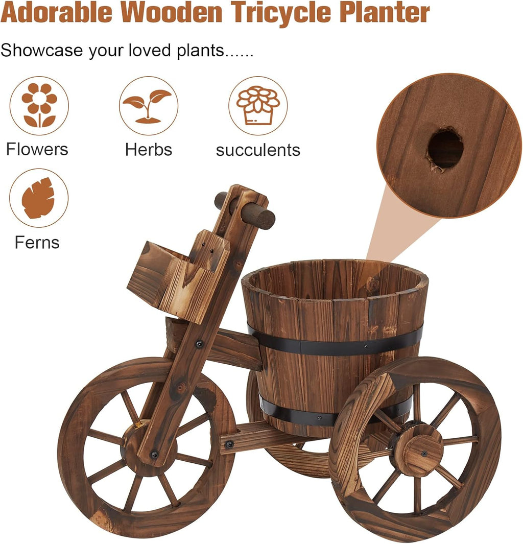 kinbor Outdoor Planters - Rustic Barrel Planter, Wooden Wagon Tricycle Planters for Outdoor Plants