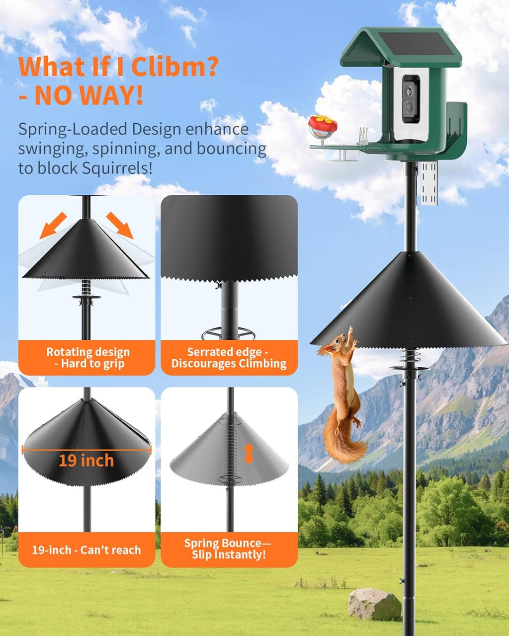 Squirrel Baffle for Bird Feeder Pole - Polycarbonate Bird Feeder Baffle with Stainless Steel Spring for Better Protection, 19 Inch Squirrel Guard for Outside Pole Mount, Metal Buckle