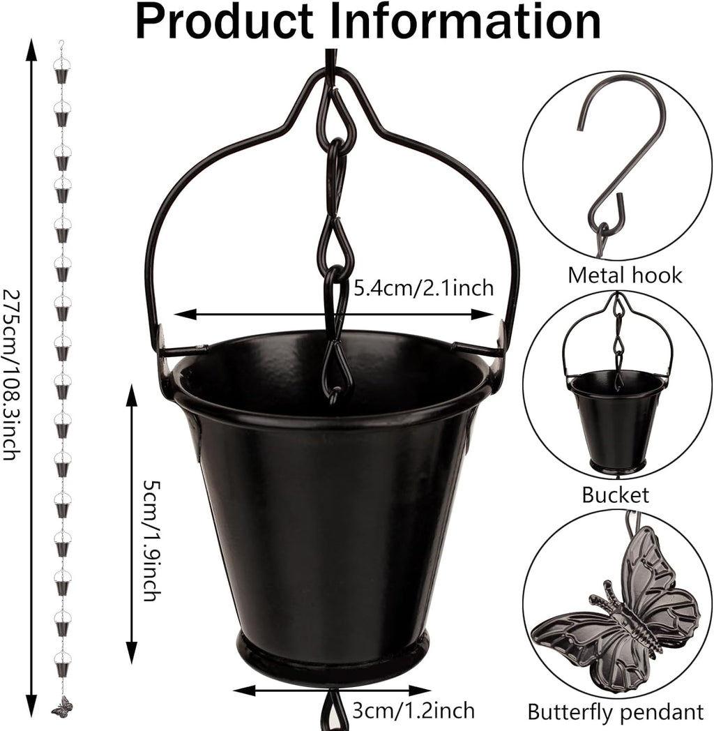 Rain Chain for Outside with 1 Adapter, Wrought Iron Rain Chains 9 FT Set,Rain Chains for Gutter with Rain Chain 16 Cup and Decorative Butterfly (Black)