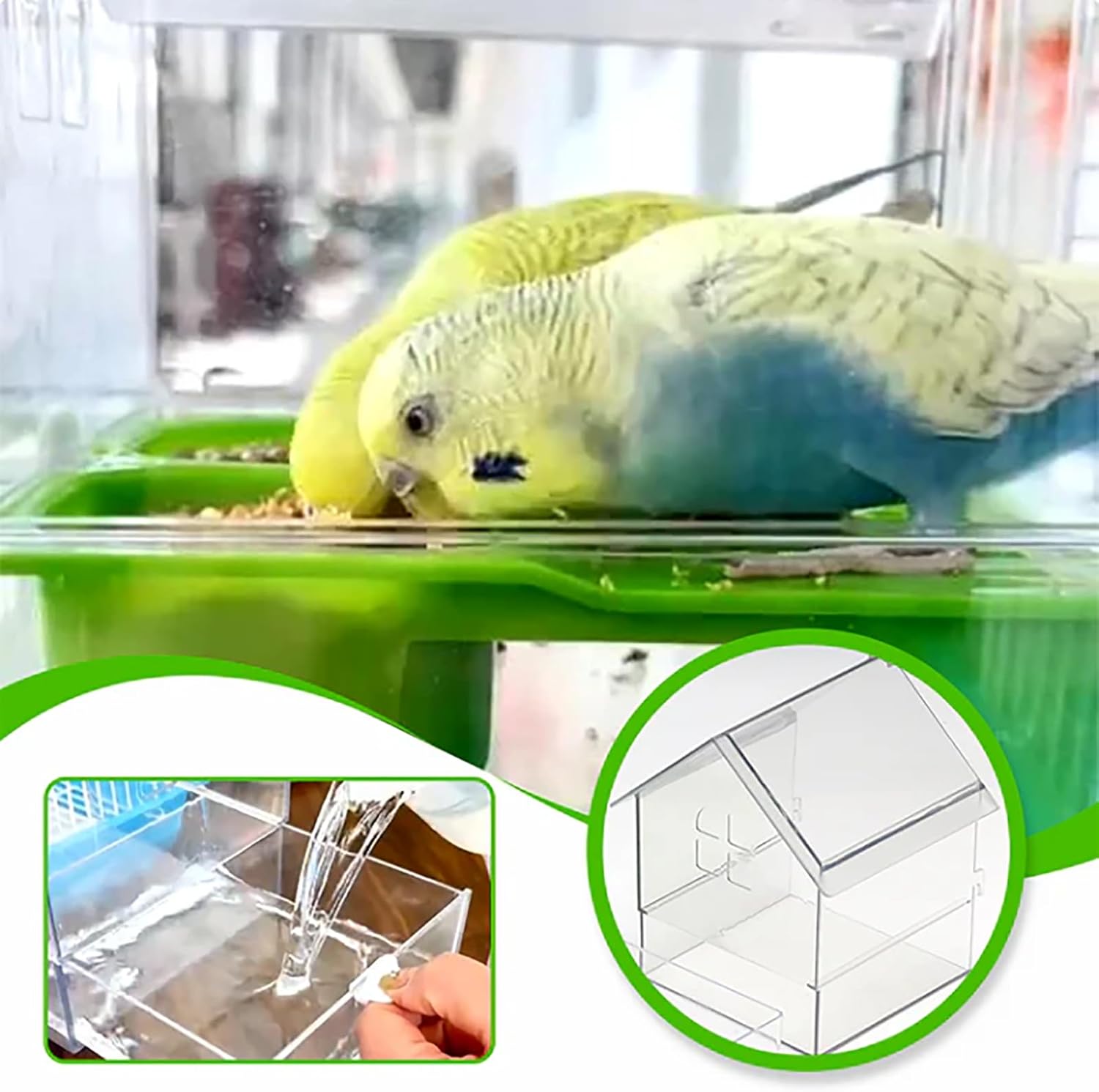 Ziveseller/Sowhathow Pull-Out External Parrot Feeder, Parrot Feeder Parakeet House Bird Bath Transparent Dish Water, Hanging Wild Bird Seed with Squirrel Proof Tray (White)