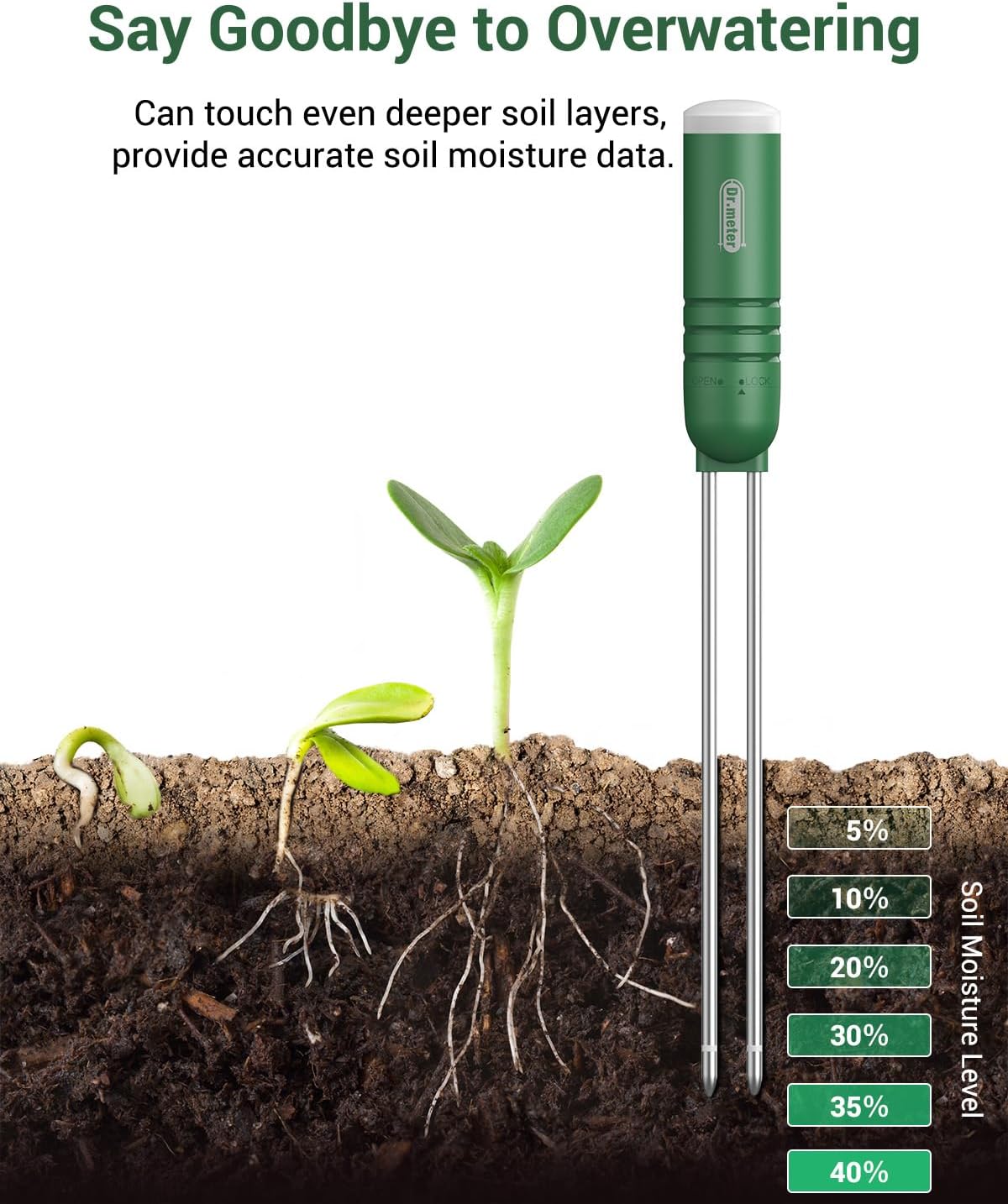 Dr.meter 4-in-1 Soil Moisture Meter, 300ft Wireless Soil Tester Sensor, Temperature/Light/Time/Soil Hygrometer Monitor with Digital LCD Display for Indoor Outdoor Plants, Garden, Lawn, Gardening Gifts