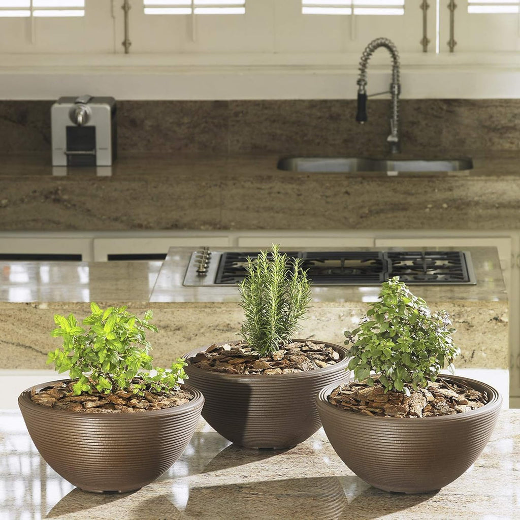 Crescent Garden Delano Bowl Planter, Large Outdoor Round Shallow Plant Pot for Water Garden, Bonsai Plant Pots, Succulents with Drain Hole - Double Walled Bowl Lotus Pot, 26" W (Mocha)