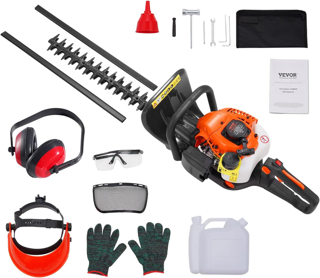 VEVOR Gas Hedge Trimmer 2 Cycle, 23.2-Inch 26cc Dual Sided Blade, Handheld, Lightweight, EPA, CE, EMC Certified, Ideal for Trimming Shrubs and Bushes, Includes Blade Cover, Gloves and Ear Protectors