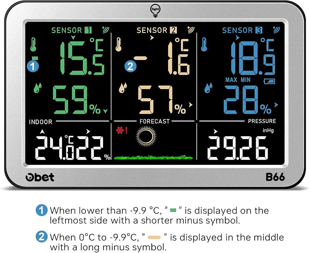 Weather Stations with 3 Sensors Indoor Outdoor Thermometer Wireless Large Display Adjustable Backlight with 500 feet Range Silver