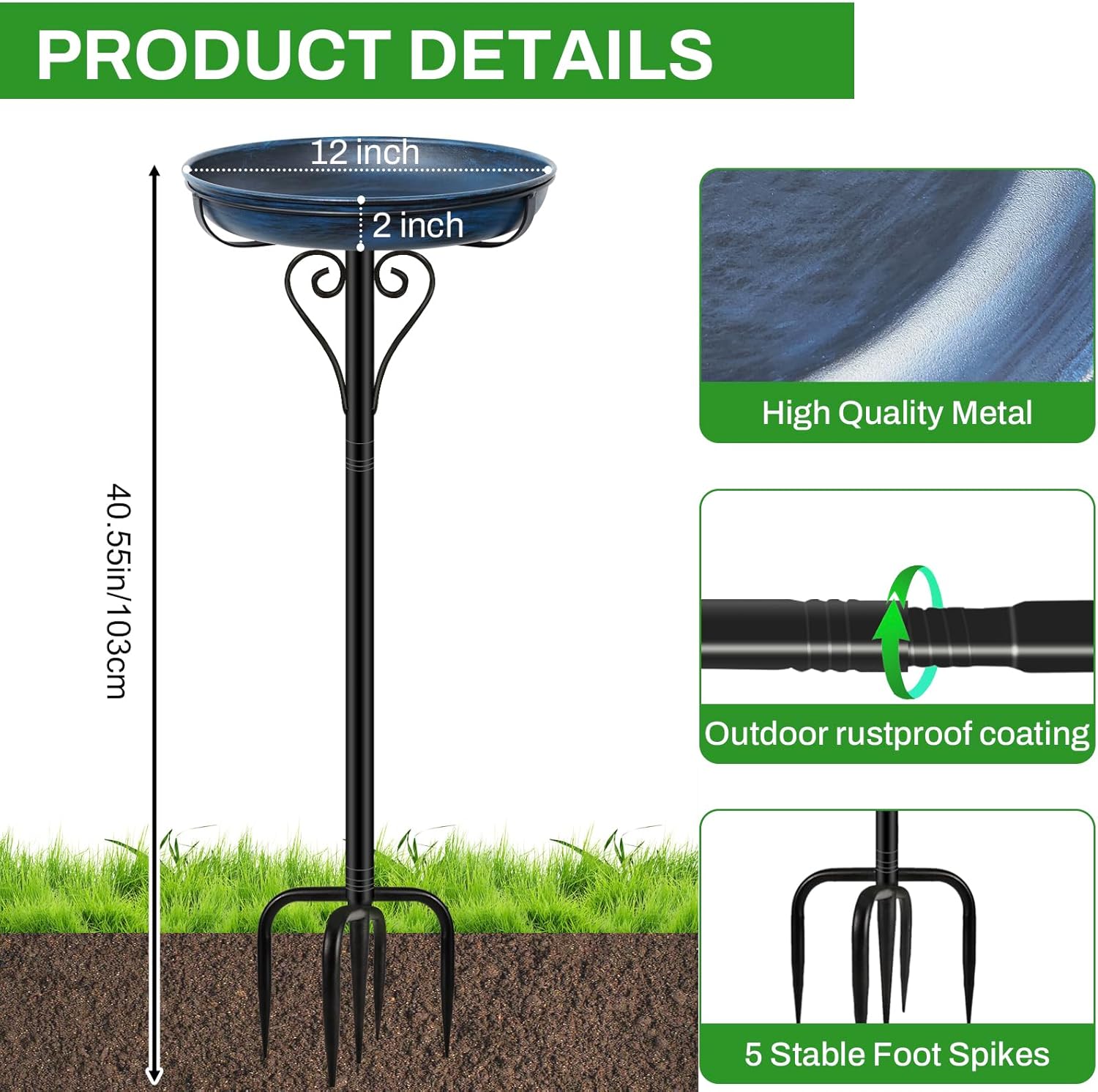 Metal Bird Bath for Outside, Vintage Freestanding Birdbaths with Metal Stake, Upgraded 5 Pronged Base Birdfeeder Feeder Bowl for Outdoors Garden Patio Yard Lawn Decor (Vintage Blue)