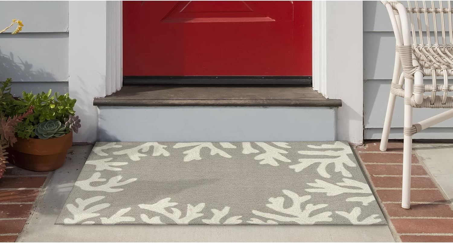 Liora Manne CAPRI Indoor/Outdoor Handmade Synthetic Blend Durable Area Rug - Traditional Border Coastal Beach Accent (Coral Border Silver) (2' x 3')