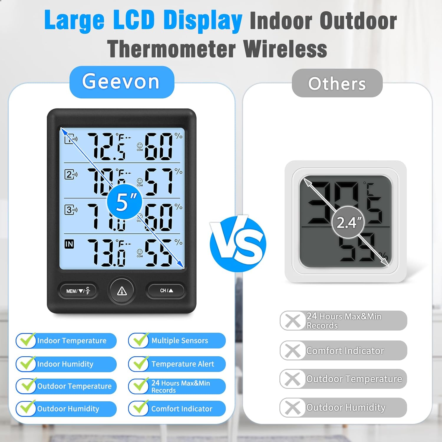 Geevon Indoor Outdoor Thermometer Wireless 3 Remote Sensors, 5-Inch Display Digital Hygrometer Thermometer Temperature Humidity Monitor with 8S Backlight, Battery-Powered (Black)
