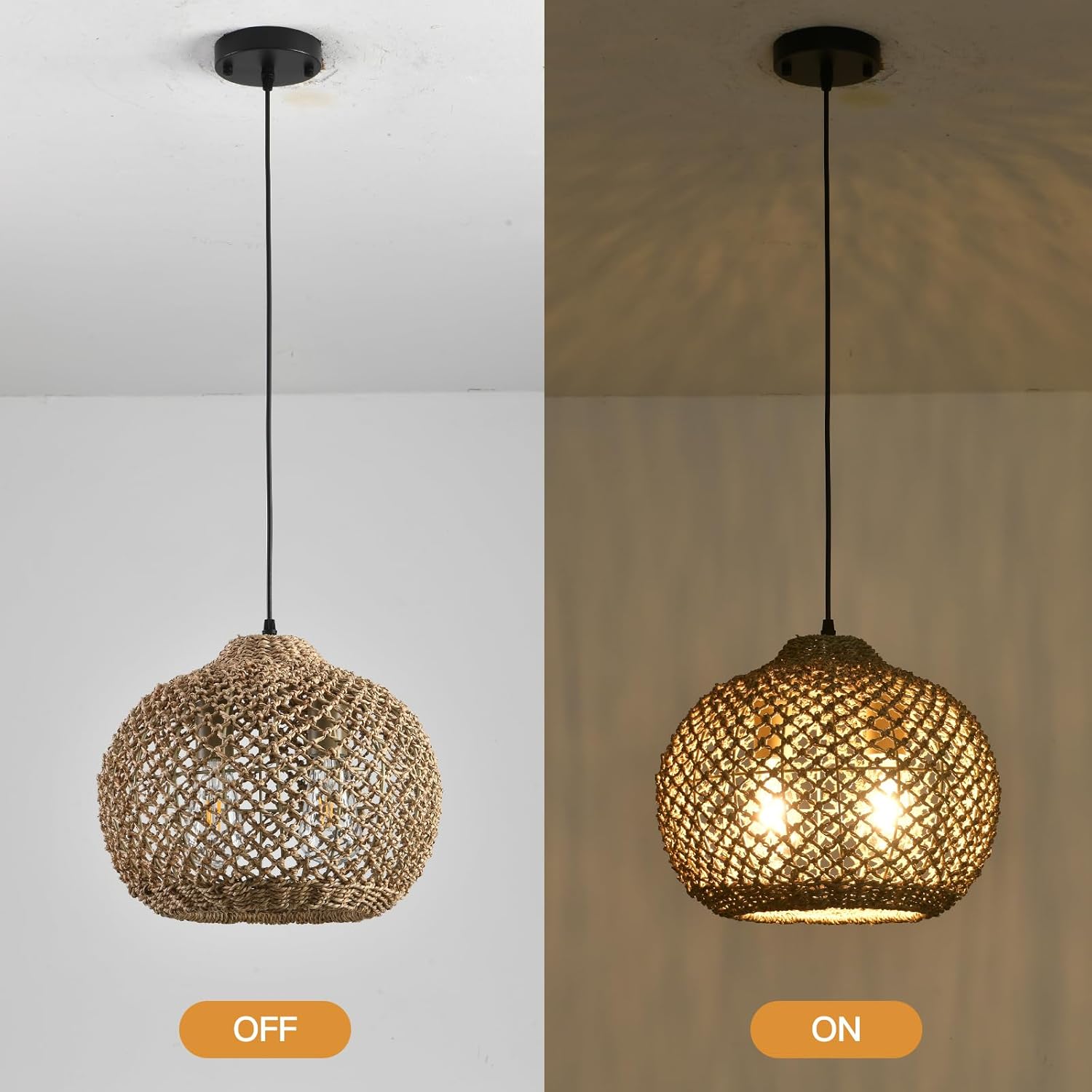 13.79" Rattan Pendant Light, Boho Handmade 2-Light Wicker Chandelier, for Kitchen Island, Bedroom, Dining Room, Entryway, Foyer