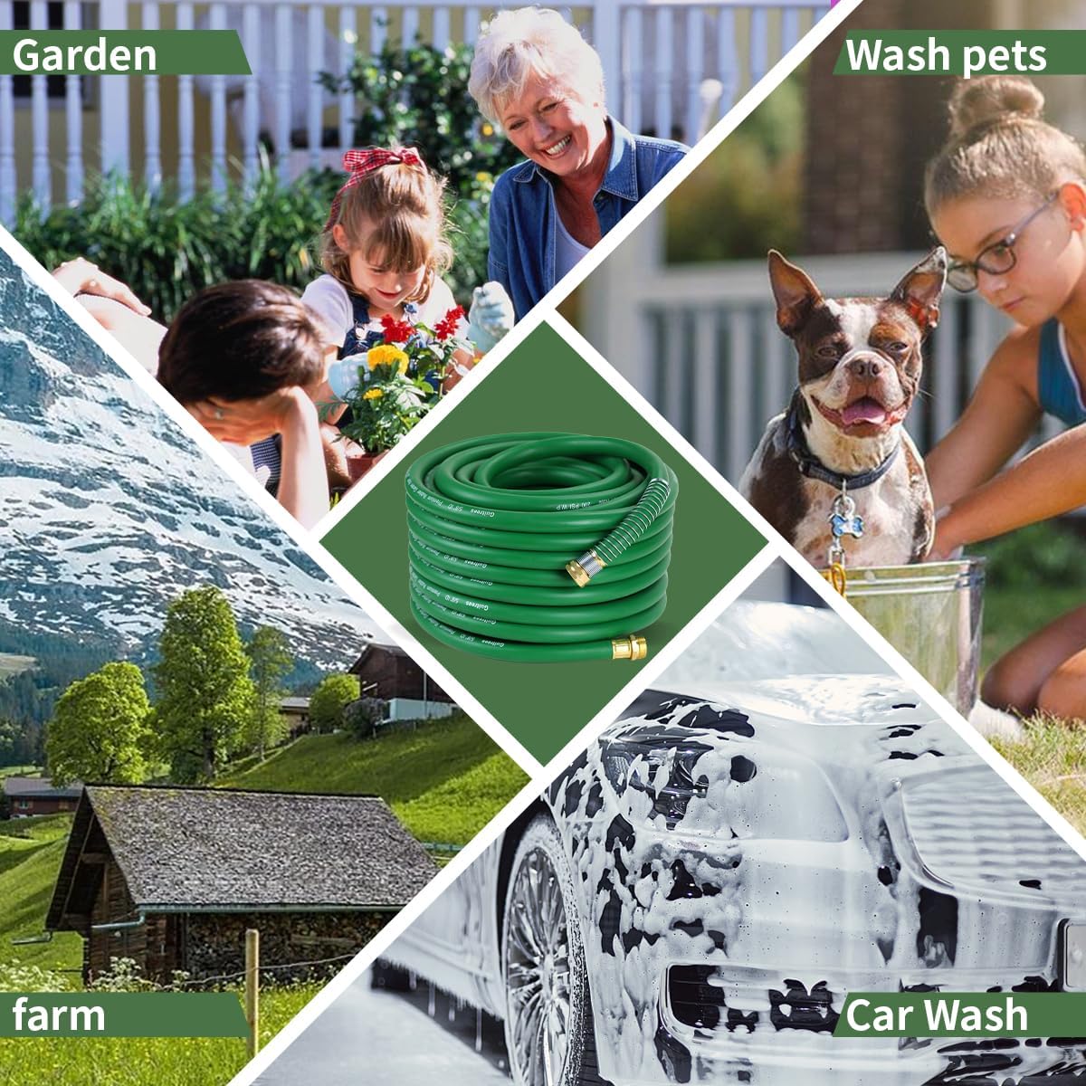 150ft 5/8 Heavy-Duty Rubber Garden Hose - 200psi Working, 1000psi Burst - Hot/Cold Water - Five-Layered Braiding for Durability - Versatile for Gardening, Agriculture, Construction (Green)