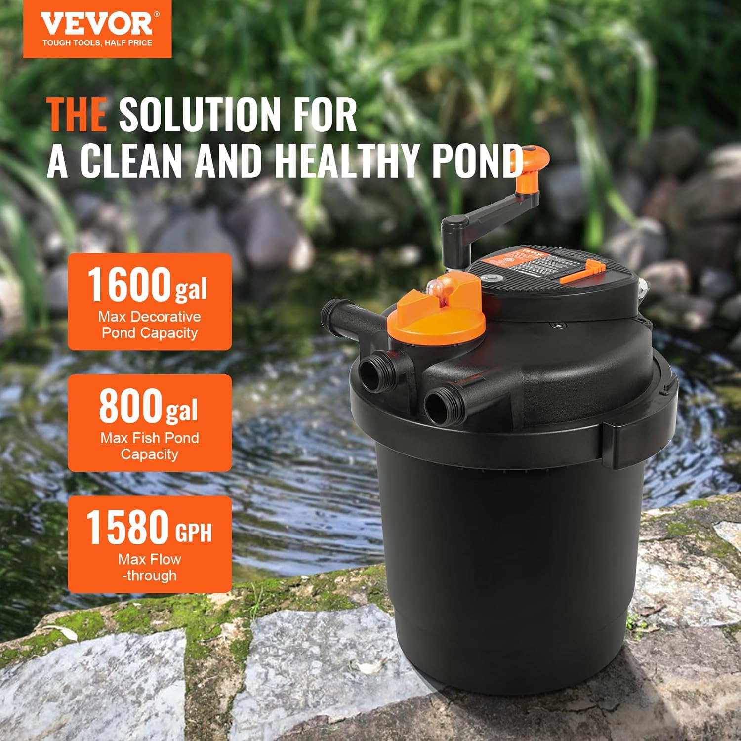 VEVOR Bio Pressure Pond Filter, Up to 1600 Gallons, with 13W UV-C Light, 1580 GPH, Pressurized Biological Pond Filter System Filtration Equipment for Fountain Pool, Koi Fish Aquarium Tank Garden Water
