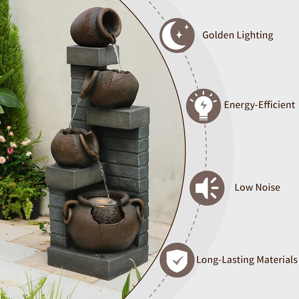 Water Fountain Outdoor 4-Tiers Cascading Realistic Bowls Waterfall Clay Pot Design Outdoor Fountain Resin Imitation Wood with LED Lights for Garden, Patio, Porch 42" H