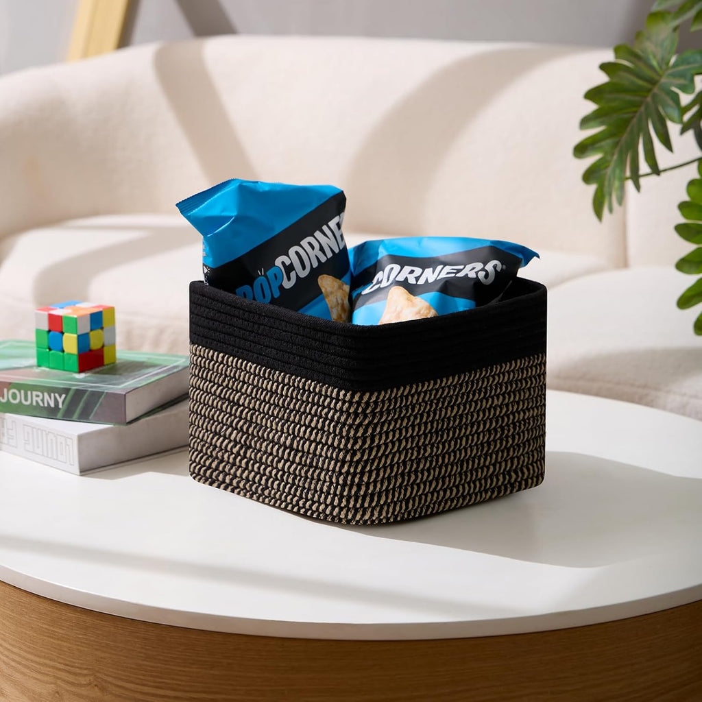 Small Organizing Baskets for Cubes Shelf, 9.7x9.7x7.1 Inch Rope Woven Storage Bins for Nursery Shelves Storage, Cute Toy Basket, Square 3 Packs Black Brown