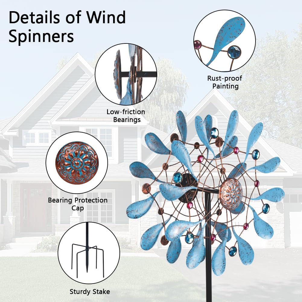 Stargarden Wind Spinners Outdoor, Large Kinetic Wind Spinner, Waterproof Blue Pinwheels with 4 Sturdy Stake, Metal Windmill for Yard, Porch Decor (21 * 90 Inches)