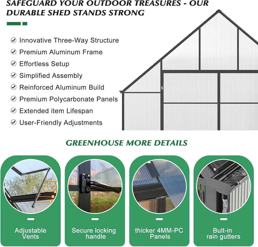10'x10'x36' Snap-Together Greenhouse - Easy 3-Way Connectors, Heavy-Duty Aluminum Frame, Wind/Snow Resistant for Gardening/Urban Farming, Includes Sliding Door & Ventilation Windows