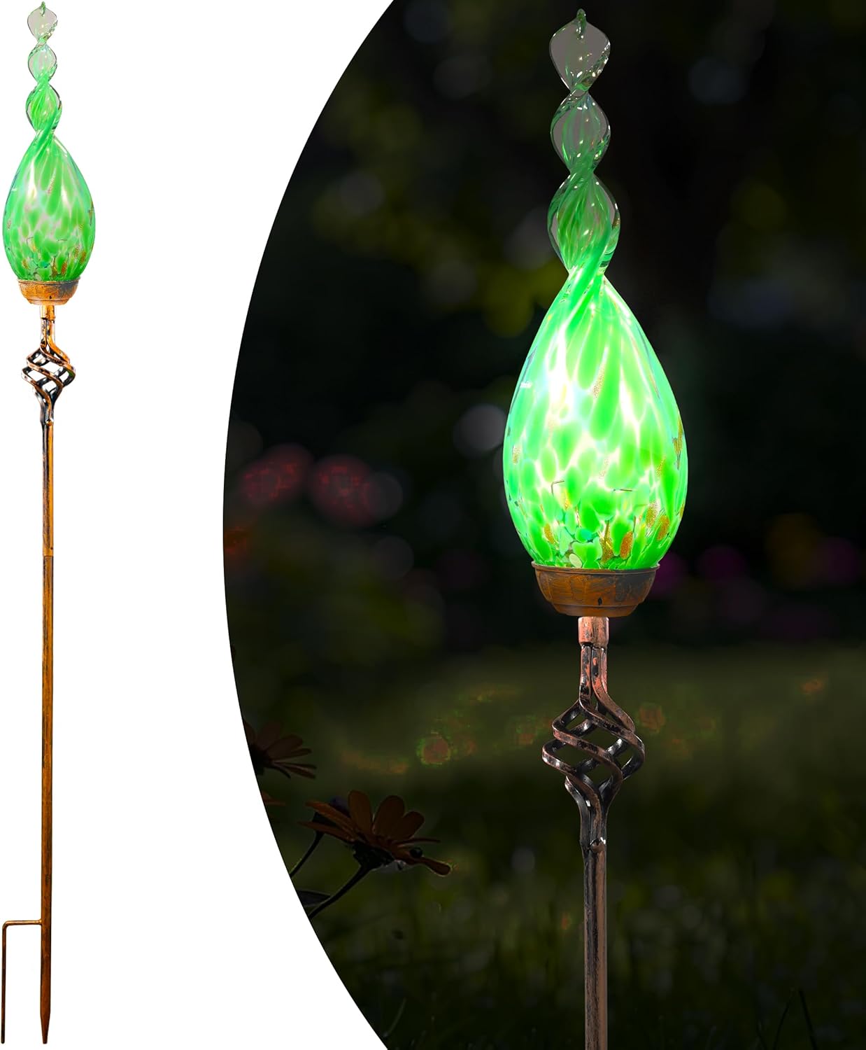 Solar Garden Lights, Decorative LED Flame Garden Stakes, Hand Blown Glass and Outdoor Waterproof Glass Stakes (Green)