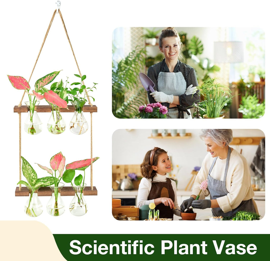 XXXFLOWER Wall Hanging Propagation Station with Wooden Stand 3 Bulb Vase 2 Tiered Planters Wall Terrarium for Home Office Plant Hanger Flower Vases Wall Decor(Brown)