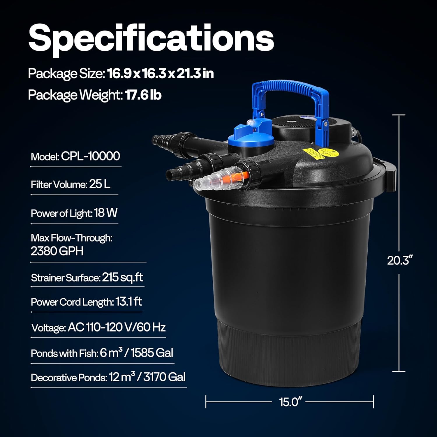 VIVOHOME 2380GPH Bio Pressure Pond Filter with 18W Light, Multi-Size Adapters for Koi Ponds up to 1585 Gallons or Ornamental Ponds up to 3170 Gallons
